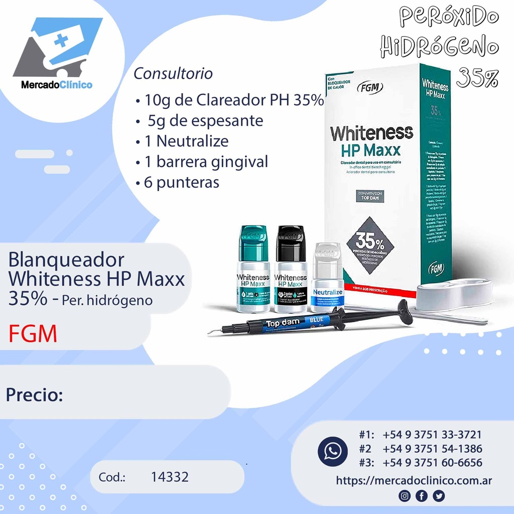 Blanqueador Whiteness HP Maxx 35% - Per. hidrógeno - Consultorio - FGM