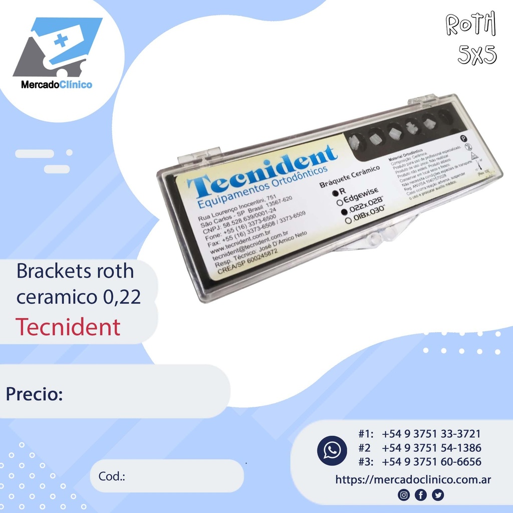Brackets Autoligante Roth 0,22 - Ceramico  - Estetico - 1 caso - 7x7 - 282-107 - Tecnident