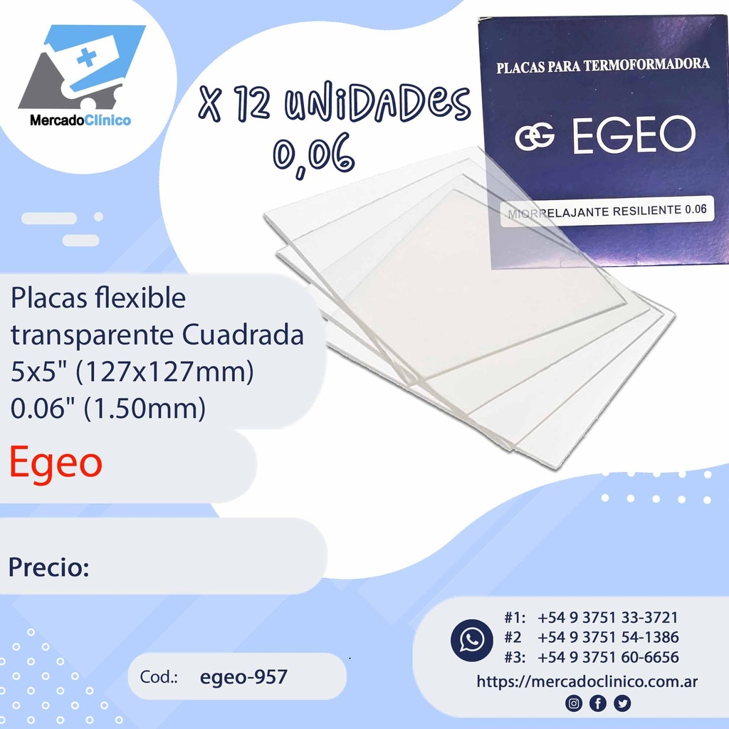 Placas / láminas  flexible miorrelajante / protector bucal -  transparente Cuadrada 5x5" (127x127mm) - 0.06" (1.50mm) - 12 un - Egeo