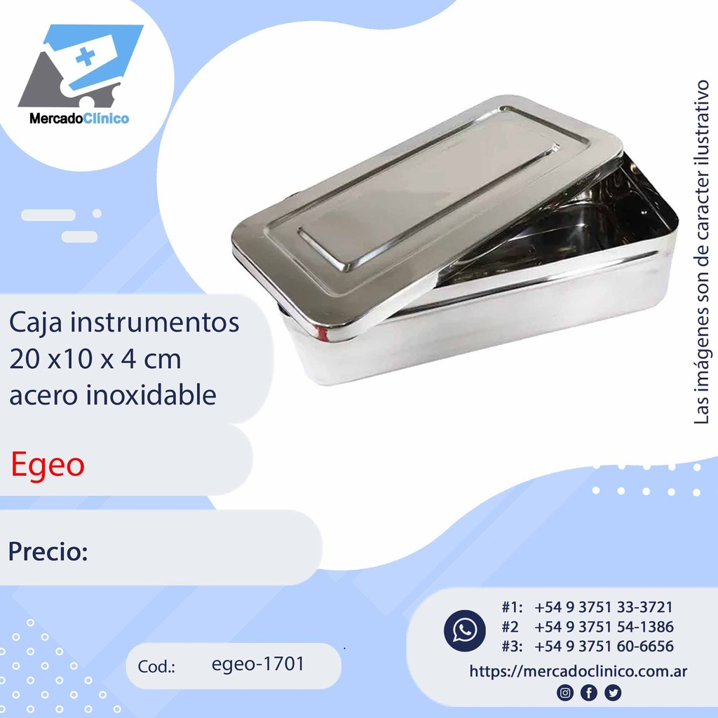 Caja instrumentos 20 x10 x 4 cm acero inoxidable - Egeo