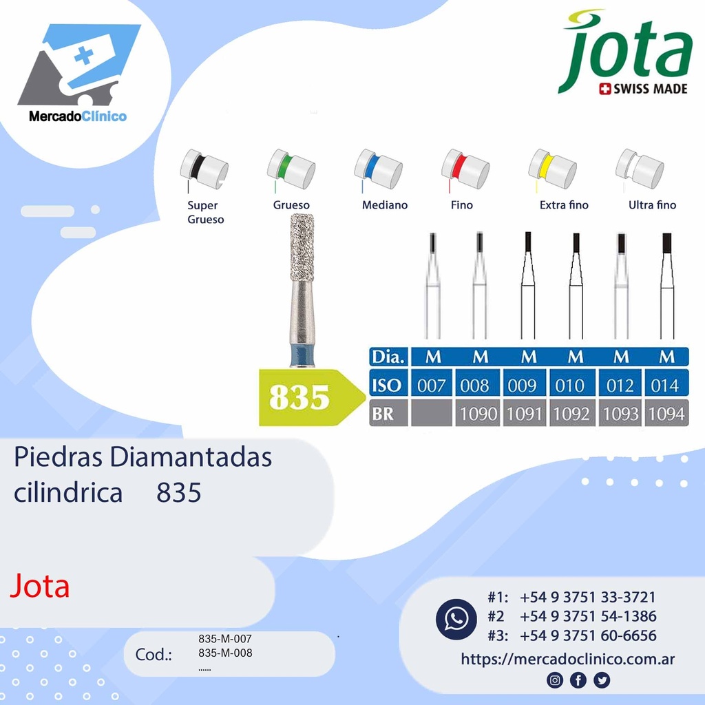 Piedras diamantadas- cilíndrica corta 835 - x unidad - Jota