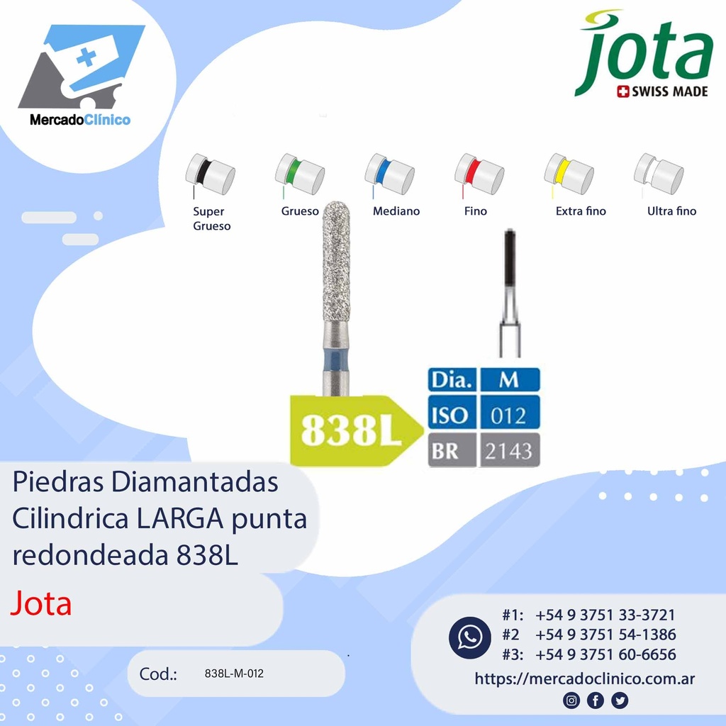Piedras diamantadas- cilíndrica corta punta redondeada LARGA 838L - x unidad - Jota