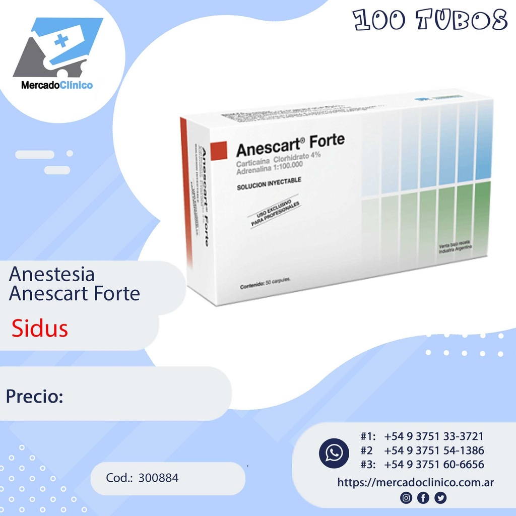 Anestesia - Anescart Forte - 100 unidades - CARTICAINA 4%  -Sidus