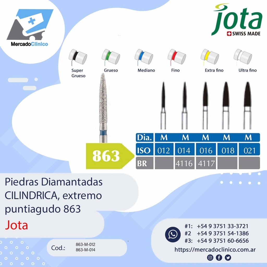 Piedras diamantadas- CILÍNDRICA  EXTREMO PUNTIAGUDO  -  863 - x unidad - Jota