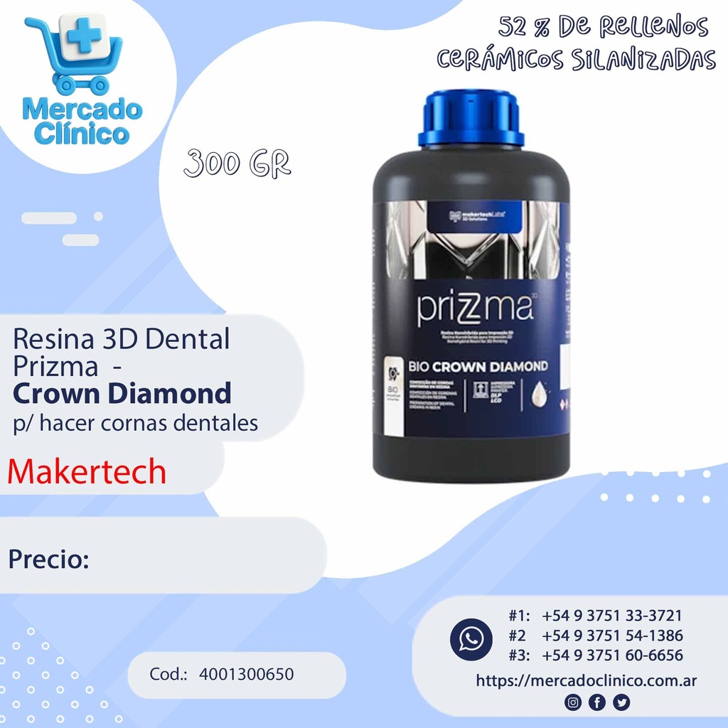 Resina 3D Dental Prizma  - Crown Diamond  para hacer coronas dentales  -  300gr- Makertech