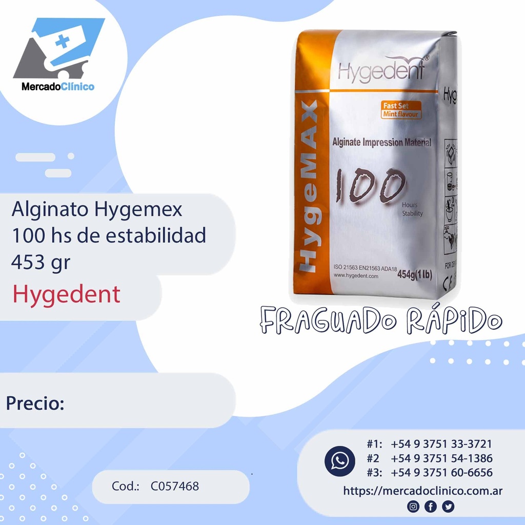 Alginato ortodóntico HYGEPLUS, x 454g. HYGEDENT 