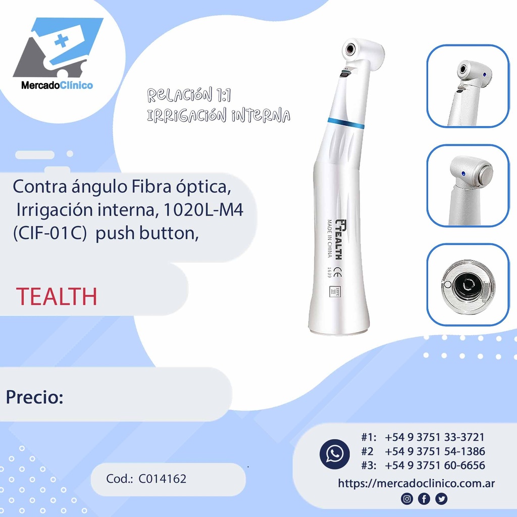 Contra ángulo Fibra óptica,  Irrigación interna, 1020L-M4 (CIF-01C)  push button - Tealth