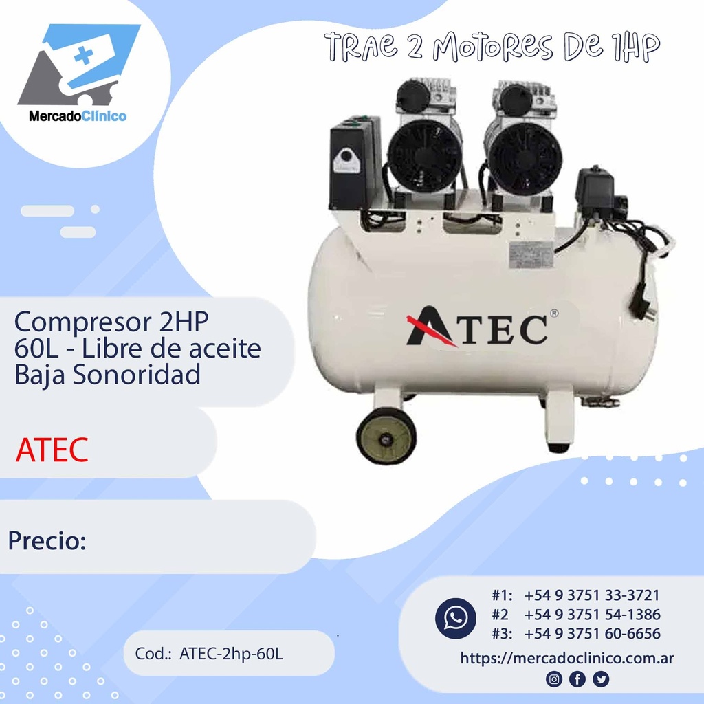 Compresor 2HP 60L - Libre de aceite - Baja Sonoridad - ATEC