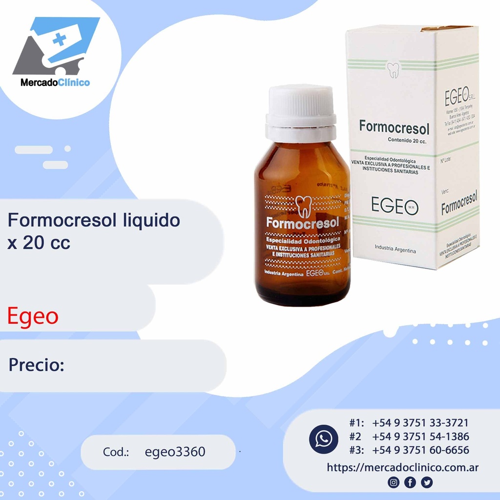 Formocresol Líquido 20cc - Egeo | Mercado Clinico AR