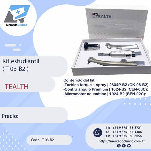 [T-03-B2] Kit Estudiantes (T-03-B2) - Turbina Push 1 spray + Contra ángulo Push + Micromotor Neumático. TEALTH
