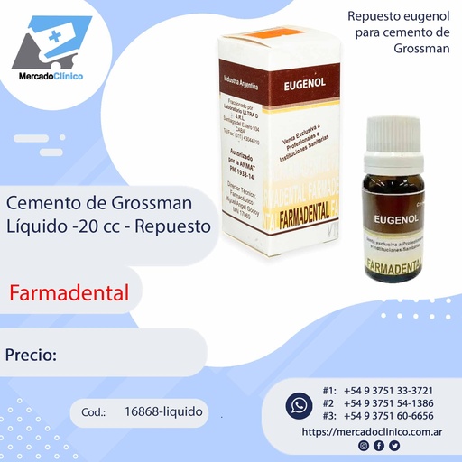 [16868-liquido] Cemento de Grossman - Líquido Eugenol 20cc - Repuesto - FARMADENTAL