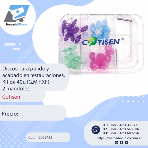 [C053435] Discos para pulido y acabado en restauraciones,  
Kit de 40u (G,M,F,XF) + 2 mandriles - Cotisen