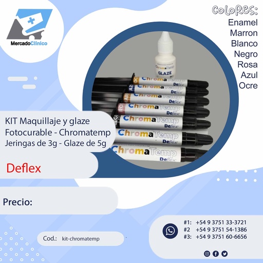 [kit-chromatemp] KIT Maquillaje y glaze fotocurable - Chromatemp - Jeringas 3g  y glaze de 5g - Deflex