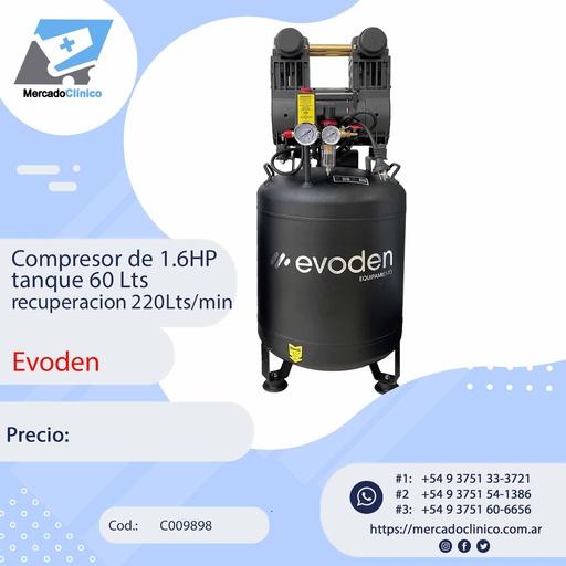 [C009898] Compresor de 1.6HP tanque 60 Lts recuperación 220Lts/min - Evoden