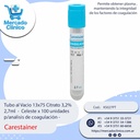 Tubo al Vacio 13x75 Citrato 3,2% 2,7ml  -  Celeste x 100 unidades p/analisis de coagulación - Carestainer