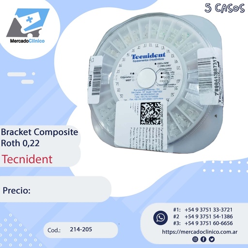 [214-205] Brackets Roth 0,22 - Composite -  rueda con 5 casos - Con gancho - 214-205 - Tecnident