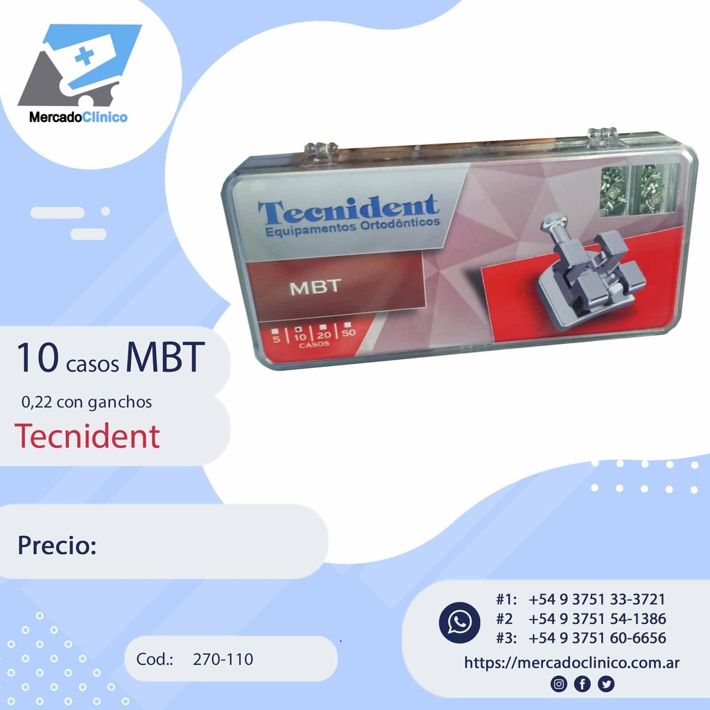 Brackets MBT 0,22 - caja con 10 casos - Con gancho - Tecnident - 270 ...