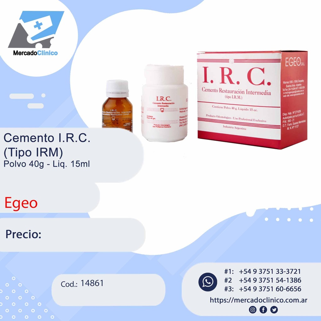 Cemento IRC (tipo IRM) Pol40g .Liq15ml - (provisorio) - Egeo | Mercado ...