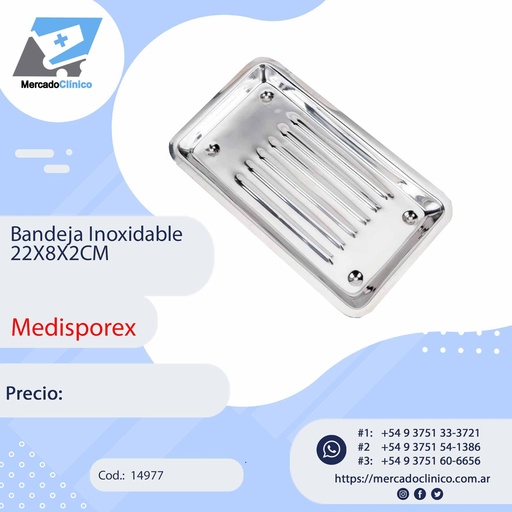 [14977] Bandeja Inoxidable  22X8X2CM - MEDISPOREX