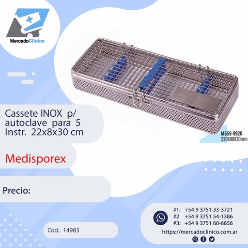 [14983] Cassete INOX  p/ autoclave  para  5 Instr.  22x8x30 cm - MEDISPOREX