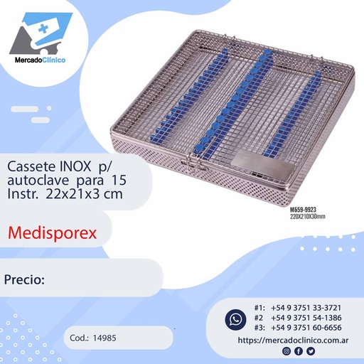 [14985] Cassete INOX p/ autoclave para 15 Instr. 22x21x3 cm - MEDISPOREX