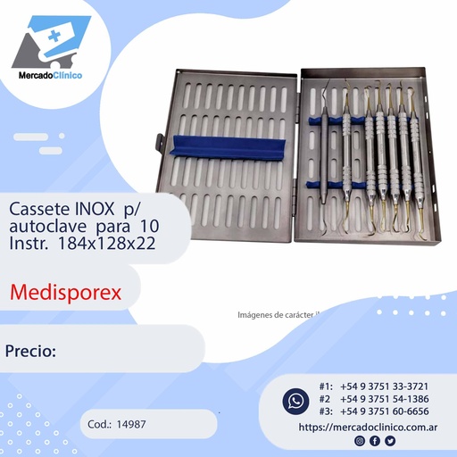 [14987] Cassete INOX  p/ autoclave  para  10 Instr.  184x128x22 - MEDIS