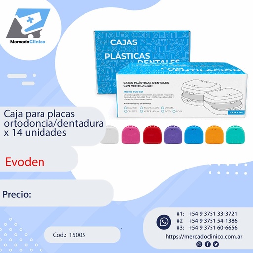 [15005] Caja / Box para placas ortodoncia/dentadura CON VENTILACION x 14 unidades  - SURTIDAS- EVODEN