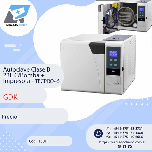 [15011] Autoclave Clase B 23L C/Bomba +  Impresora - TECPRO45 - GDK