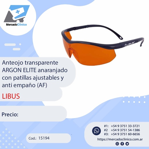 [15194] Anteojo transparente ARGON ELITE anaranjado con patillas ajustables y anti empaño (AF). LIBUS