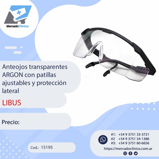 [15195] Anteojos transparentes  ARGON con patillas  ajustables y protección lateral - LIBUS