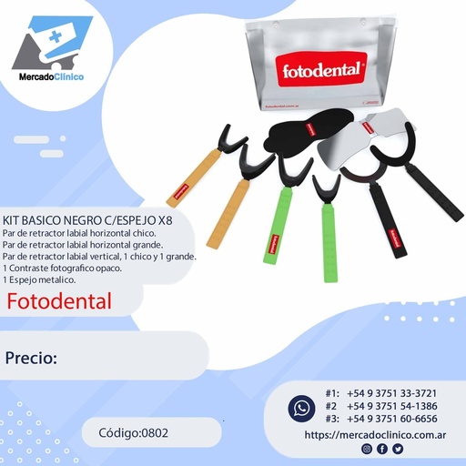 [0802] Kit Basico NEGRO - Separadores C/6 Unid Y 1 Espejo Y 1 Contrastador - FOTODENTAL