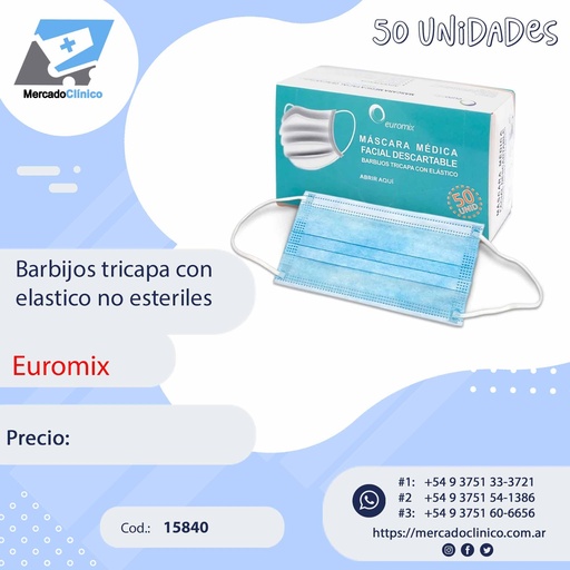 [15840] Barbijos tricapa con elasticos - no esteril - EUROMIX