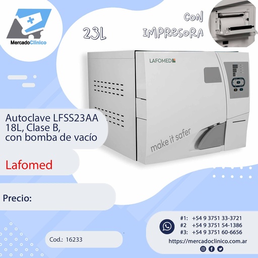 [16233] Autoclave LFSS23AA  18L, Clase B,  con bomba de vacío - LAFOMED